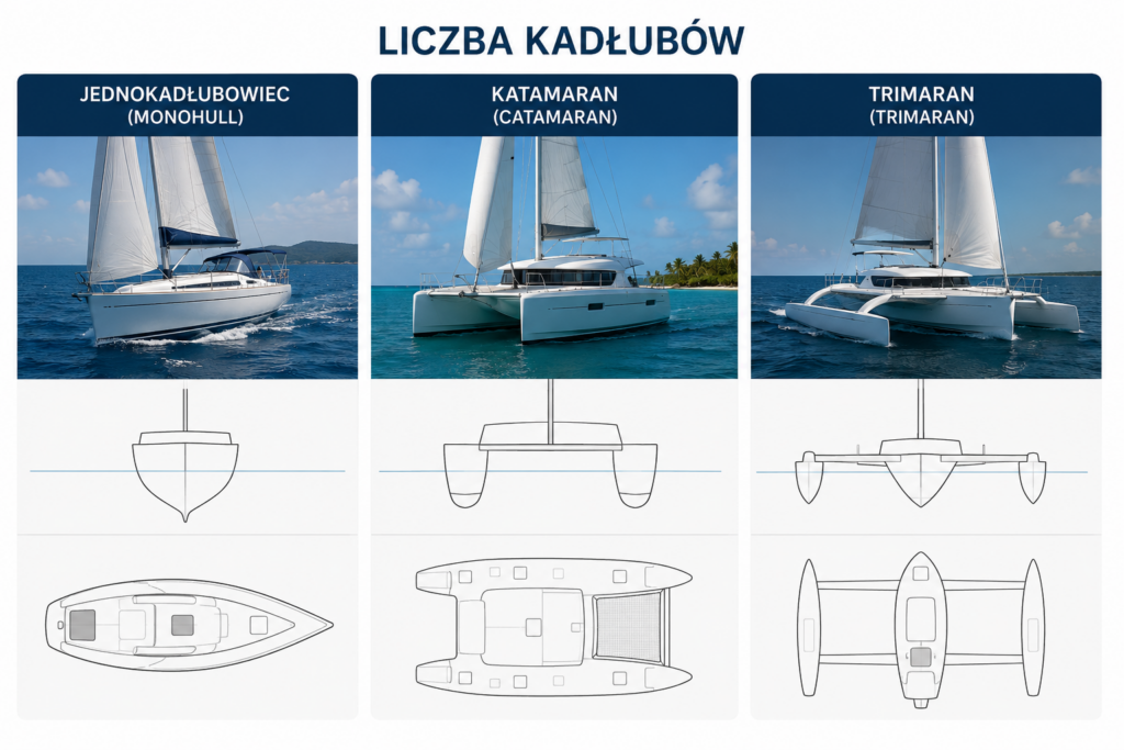 Budowa jachtu -Podział jachtów żaglowych - liczby kadłubów