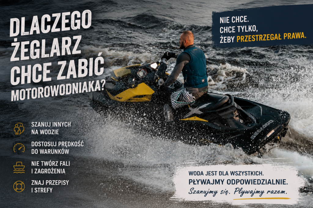 Grafika Szkentla.pl z hasłami: szanuj innych na wodzie, dostosuj prędkość do warunków, nie twórz fali. Szkolenie motorowodne uczy tych zasad